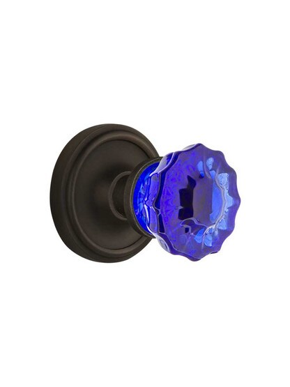 Classic Rosette Door Set with Colored Fluted Crystal Glass Knobs Cobalt Blue in Oil-Rubbed Bronze.